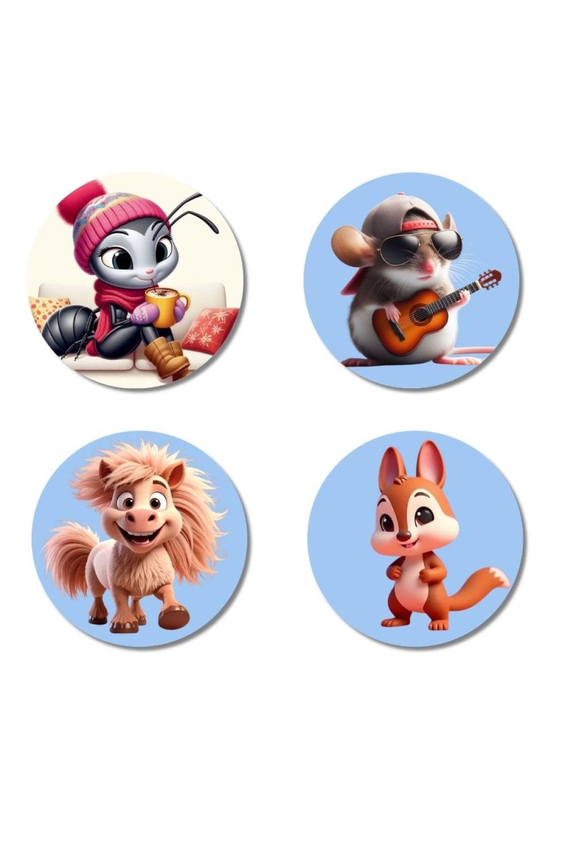 Ant, Pony, Dragon, and Rabbit. Fridge Magnets 4 Piece Set | 3 Inch Round Wall Fridge Decor (F23105)