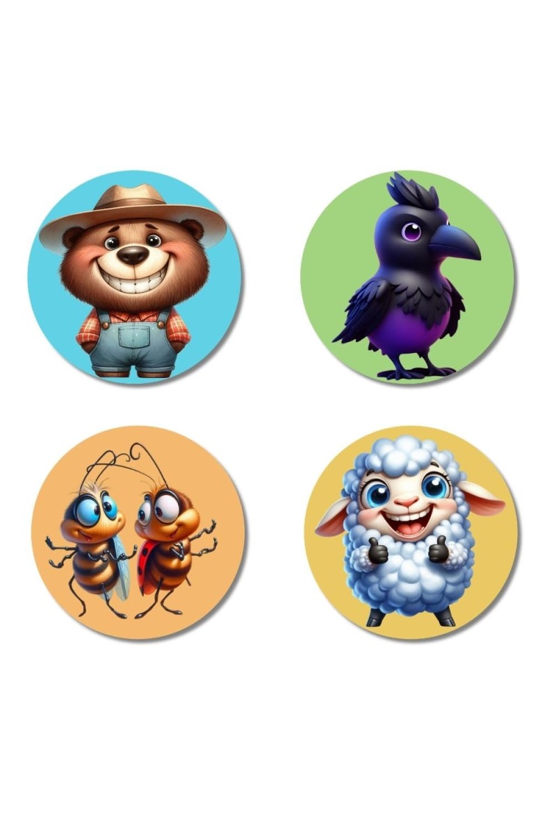 Bear, Crow, Cockroaches, and Sheep. Fridge Magnets 4 Piece Set | 3 Inch Round Wall Fridge Decor (F22939)