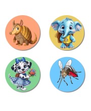 Armadillo, Elephant, Dog, and Mosquito. Fridge Magnets 4 Piece Set | 3 Inch Round Wall Fridge Decor (F23044)