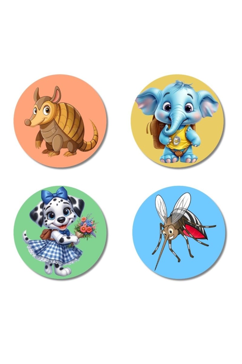 Armadillo, Elephant, Dog, and Mosquito. Fridge Magnets 4 Piece Set | 3 Inch Round Wall Fridge Decor (F23044)