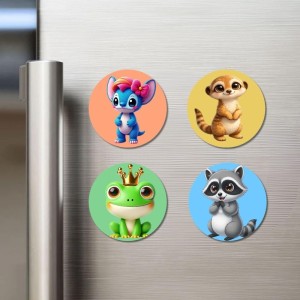 Alien, Meerkat, Frog, and Raccoon. Fridge Magnets 4 Piece Set | 3 Inch Round Wall Fridge Decor (F22964)