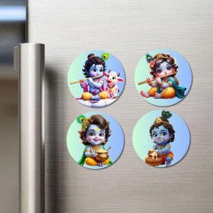 Krishna Fridge Magnets 4 Piece Set | 3 Inch Round Wall Fridge Decor (F23216)