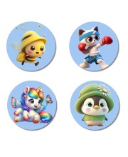 Bee, Cat, Unicorn, and Penguin. Fridge Magnets 4 Piece Set | 3 Inch Round Wall Fridge Decor (F23135)