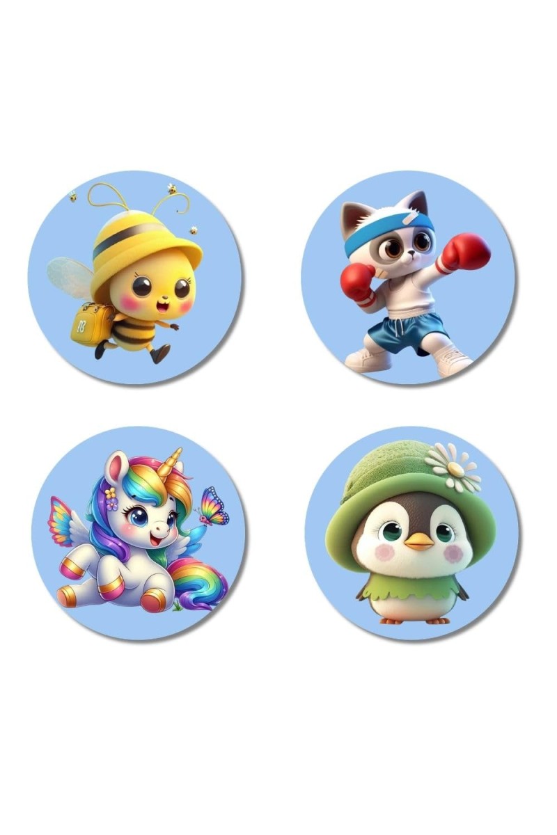 Bee, Cat, Unicorn, and Penguin. Fridge Magnets 4 Piece Set | 3 Inch Round Wall Fridge Decor (F23135)
