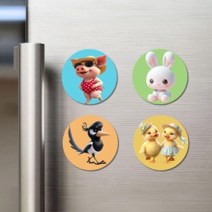 Pig, Rabbit, Magpie, and Ducklings. Fridge Magnets 4 Piece Set | 3 Inch Round Wall Fridge Decor (F22852)