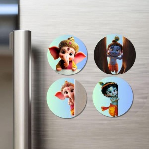 Ganesha, Krishna, Ganesha, Krishna Fridge Magnets 4 Piece Set | 3 Inch Round Wall Fridge Decor (F23225)