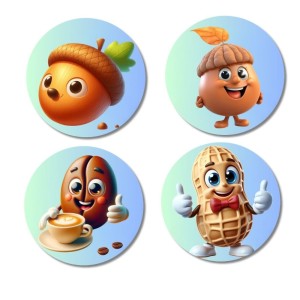 Acorn, Hazelnut, Coffee Bean, Peanut Fridge Magnets 4 Piece Set | 3 Inch Round Wall Fridge Decor (F23322) Acorn, Hazelnut, Coffee Bean, Peanut Fridge Magnets 4 Piece Set | 3 Inch Round Wall Fridge Decor (F23322)