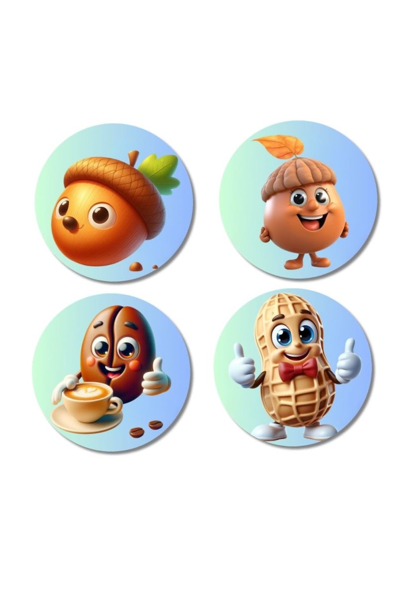 Acorn, Hazelnut, Coffee Bean, Peanut Fridge Magnets 4 Piece Set | 3 Inch Round Wall Fridge Decor (F23322)