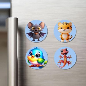 Bat, Tiger, Bird, and Lizard. Fridge Magnets 4 Piece Set | 3 Inch Round Wall Fridge Decor (F23102)