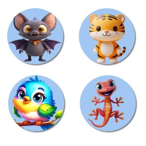 Bat, Tiger, Bird, and Lizard. Fridge Magnets 4 Piece Set | 3 Inch Round Wall Fridge Decor (F23102)