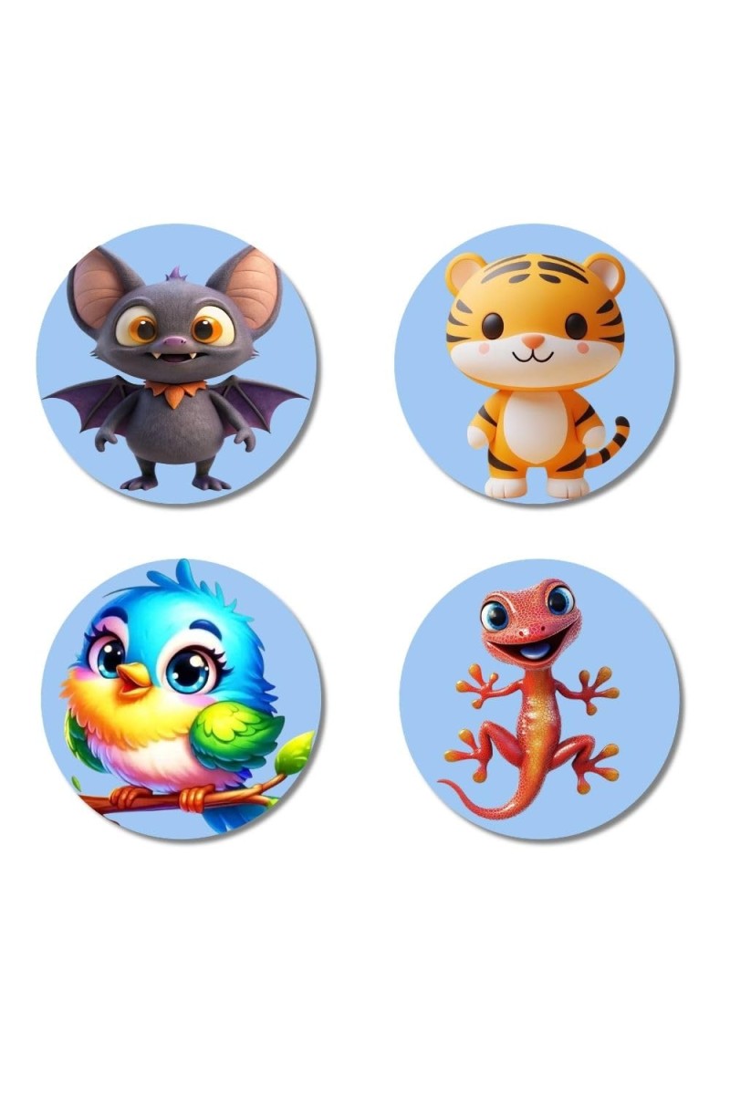 Bat, Tiger, Bird, and Lizard. Fridge Magnets 4 Piece Set | 3 Inch Round Wall Fridge Decor (F23102)