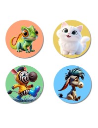 Chameleon, Cat, Zebra, and Donkey. Fridge Magnets 4 Piece Set | 3 Inch Round Wall Fridge Decor (F23015)