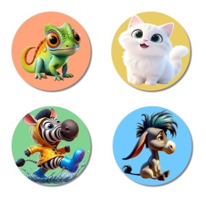 Chameleon, Cat, Zebra, and Donkey. Fridge Magnets 4 Piece Set | 3 Inch Round Wall Fridge Decor (F23015)