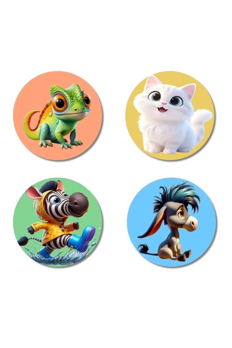 Chameleon, Cat, Zebra, and Donkey. Fridge Magnets 4 Piece Set | 3 Inch Round Wall Fridge Decor (F23015)