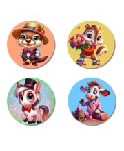 Beaver, Chipmunk, Pony, and Cow. Fridge Magnets 4 Piece Set | 3 Inch Round Wall Fridge Decor (F23025)