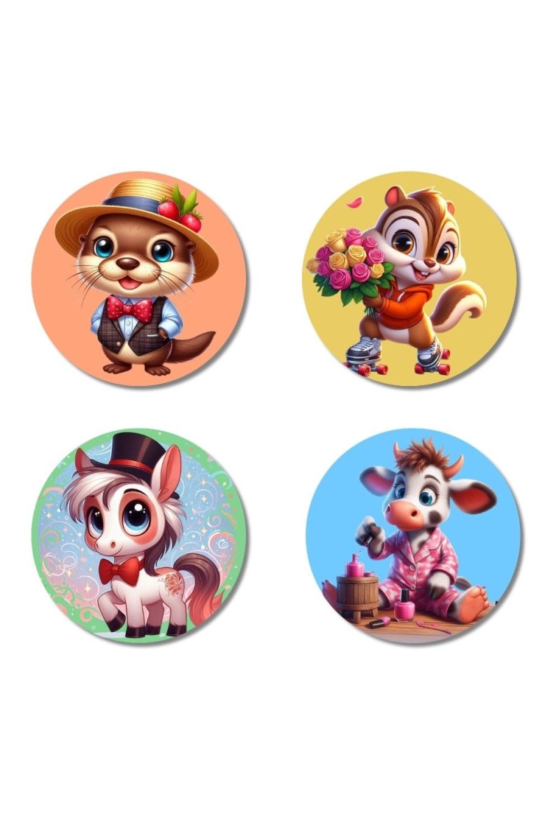 Beaver, Chipmunk, Pony, and Cow. Fridge Magnets 4 Piece Set | 3 Inch Round Wall Fridge Decor (F23025)