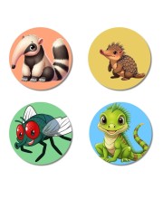 Anteater, Echidna, Fly, and Lizard. Fridge Magnets 4 Piece Set | 3 Inch Round Wall Fridge Decor (F23047)