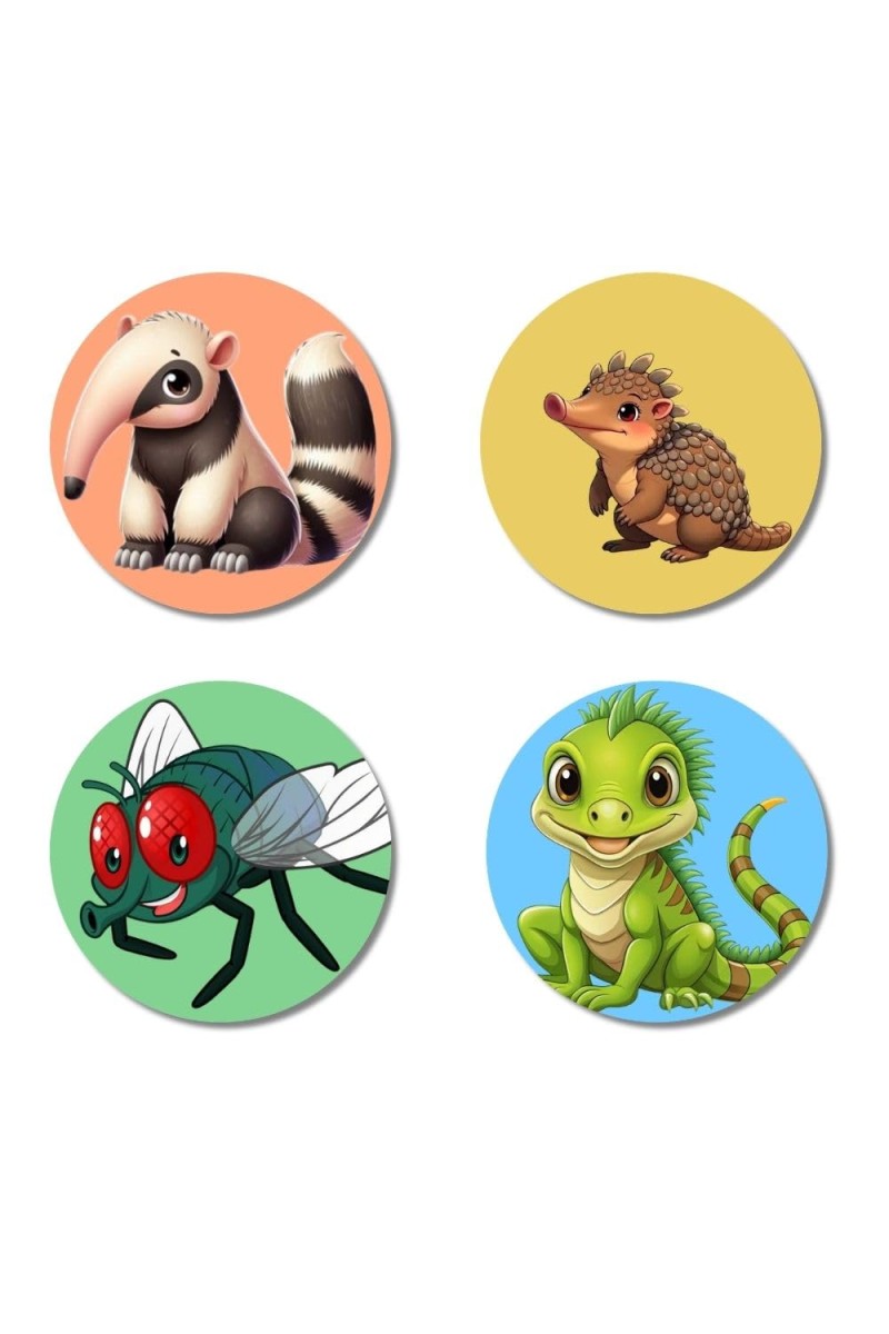Anteater, Echidna, Fly, and Lizard. Fridge Magnets 4 Piece Set | 3 Inch Round Wall Fridge Decor (F23047)