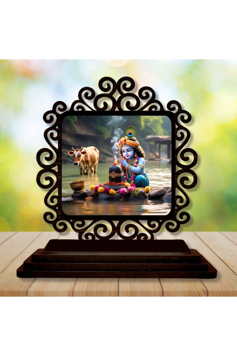 Car Desk/Table Top Lord Krishna Wooden Showpiece 3x4 Inches, Compact & Stylish Spiritual Display for Car, Home & Office (Pack of 1) (F19897)