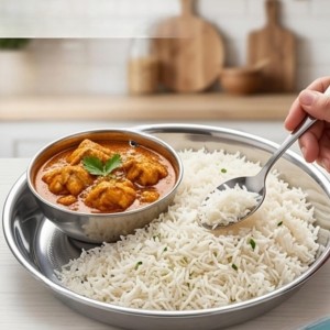 Stainless Steel Rice Plate/Dinner Plate for Kitchen & Dining | Round Deep Thali Plate with Floral Design | Rust Resistant Food Grade Steel Serving Plate for Home, Hotel & Restaurant Use