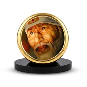 Car Dashboard/Table Top Shirdi Sai Baba Metal Golden Photo Stand 2x2 Inches, Compact & Stylish Spiritual Display For Car, Home & Office (Pack Of 1) (F24509)