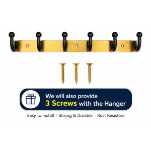 6-Hook Wall Mounted Coat Rack, Heavy Duty Metal Towel & Clothes Hanger with 3 Mounting Screws Included, Multipurpose Wall Hook for Entryway, Bathroom, Bedroom, Kitchen, Office â€“ Black & Gold