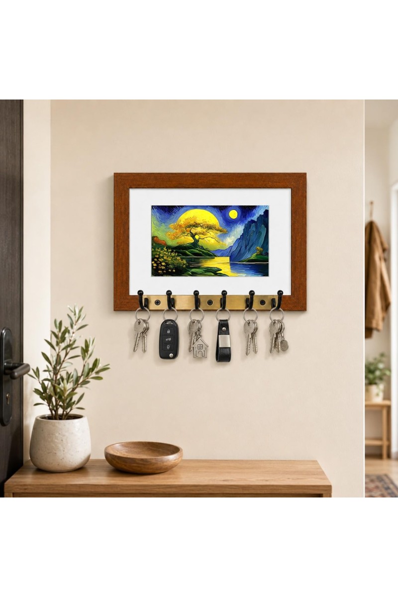 Decorative Wooden Photo Frame Key Hanger With Nature Picture, 12 X 8 Inch Wall Key Holder, 10 X 6 Inch Glossy Photo Frame, 6 Metal Hooks, Home Entrance Decor, Made In India (F38844)