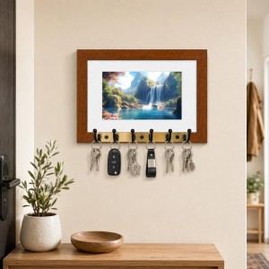 Decorative Wooden Photo Frame Key Hanger With Nature Picture, 12 X 8 Inch Wall Key Holder, 10 X 6 Inch Glossy Photo Frame, 6 Metal Hooks, Home Entrance Decor, Made In India (F38832)