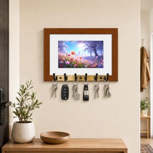 Decorative Wooden Photo Frame Key Hanger With Nature Picture, 12 X 8 Inch Wall Key Holder, 10 X 6 Inch Glossy Photo Frame, 6 Metal Hooks, Home Entrance Decor, Made In India (F38715)