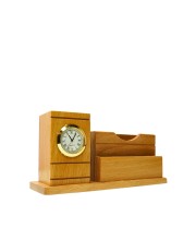Wooden Pen Stand with Analog Clock & Business Card Holder | Multipurpose Desk Organizer for Office Table | Pen Pencil Holder | Wooden Stationery Organizer for Home & Office