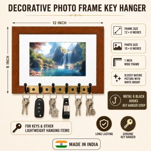 Decorative Wooden Photo Frame Key Hanger With Nature Picture, 12 X 8 Inch Wall Key Holder, 10 X 6 Inch Glossy Photo Frame, 6 Metal Hooks, Home Entrance Decor, Made In India (F38832)