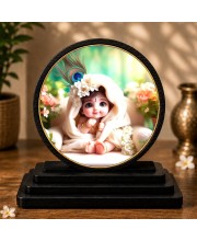 Car Dashboard Wooden Baby Krishna Showpiece | 4 X 4.5 Inch Sublimation Printed Decorative Stand | 4 Mm MDF | Home Decor | Made in India (F33283)