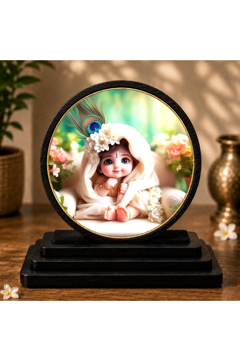 Car Dashboard Wooden Baby Krishna Showpiece | 4 X 4.5 Inch Sublimation Printed Decorative Stand | 4 Mm MDF | Home Decor | Made in India (F33283)