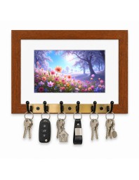 Decorative Wooden Photo Frame Key Hanger With Nature Picture, 12 X 8 Inch Wall Key Holder, 10 X 6 Inch Glossy Photo Frame, 6 Metal Hooks, Home Entrance Decor, Made In India (F38715)
