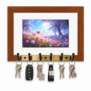 Decorative Wooden Photo Frame Key Hanger With Nature Picture, 12 X 8 Inch Wall Key Holder, 10 X 6 Inch Glossy Photo Frame, 6 Metal Hooks, Home Entrance Decor, Made In India (F38715)