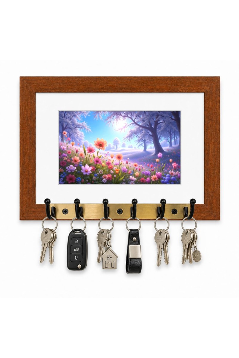 Decorative Wooden Photo Frame Key Hanger With Nature Picture, 12 X 8 Inch Wall Key Holder, 10 X 6 Inch Glossy Photo Frame, 6 Metal Hooks, Home Entrance Decor, Made In India (F38715)