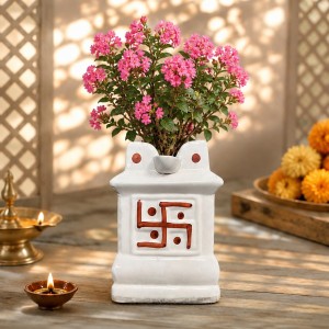 Handcrafted Ceramic White Tulsi Mandir with Auspicious Swastik Design | Traditional Tulsi Planter for Home, Balcony & Puja Room| Design May Vary | Securely Packed in a Wooden Box for Safe Delivery