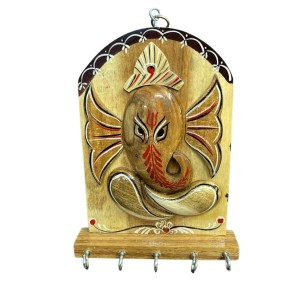 Wooden Ganesha Key Holder for Wall with 5 Metal Hooks | Handcrafted Wooden Ganesh Key Stand & Key Hanger | Decorative Wall Mounted Key Organizer for Home Entrance, Living Room & Office