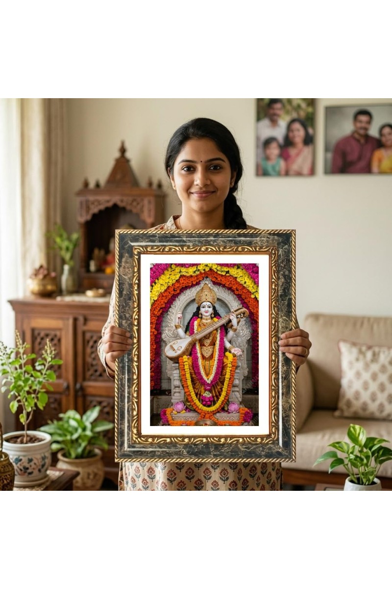 Goddess Saraswati Decorative Photo Frame With White Mount | Premium Wall & Tabletop Picture Frame | Home, Office & Temple Decoration | 8x12 Inch (Pack Of 1) (F31230)
