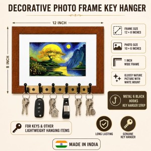 Decorative Wooden Photo Frame Key Hanger With Nature Picture, 12 X 8 Inch Wall Key Holder, 10 X 6 Inch Glossy Photo Frame, 6 Metal Hooks, Home Entrance Decor, Made In India (F38844) Decorative Wooden Photo Frame Key Hanger With Nature Picture, 12 X 8 Inch Wall Key Holder, 10 X 6 Inch Glossy Photo Frame, 6 Metal Hooks, Home Entrance Decor, Made In India (F38844)