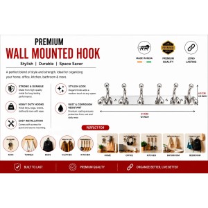 6 Hook Wall Mounted Coat & Towel Hanger Rack |Stainless Steel Clothes Hook Rail | Multipurpose Organizer for Bathroom, Kitchen, Bedroom & Entryway | Rust Resistant | Includes 5 Mounting Screws