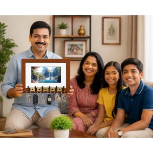 Decorative Wooden Photo Frame Key Hanger With Nature Picture, 12 X 8 Inch Wall Key Holder, 10 X 6 Inch Glossy Photo Frame, 6 Metal Hooks, Home Entrance Decor, Made In India (F38832)