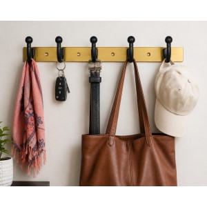 6-Hook Wall Mounted Coat Rack, Heavy Duty Metal Towel & Clothes Hanger with 3 Mounting Screws Included, Multipurpose Wall Hook for Entryway, Bathroom, Bedroom, Kitchen, Office â€“ Black & Gold