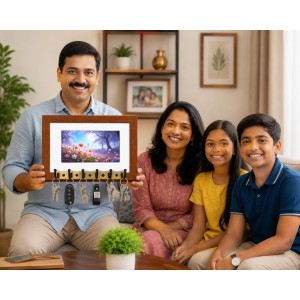 Decorative Wooden Photo Frame Key Hanger With Nature Picture, 12 X 8 Inch Wall Key Holder, 10 X 6 Inch Glossy Photo Frame, 6 Metal Hooks, Home Entrance Decor, Made In India (F38715)