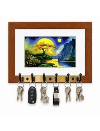 Decorative Wooden Photo Frame Key Hanger With Nature Picture, 12 X 8 Inch Wall Key Holder, 10 X 6 Inch Glossy Photo Frame, 6 Metal Hooks, Home Entrance Decor, Made In India (F38844)