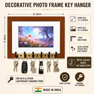 Decorative Wooden Photo Frame Key Hanger With Nature Picture, 12 X 8 Inch Wall Key Holder, 10 X 6 Inch Glossy Photo Frame, 6 Metal Hooks, Home Entrance Decor, Made In India (F38715)