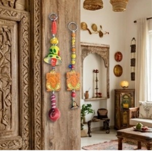 Handmade Wooden Ganesha Wall Hanging Bells for Home DÃ©cor | Colorful Hand-Painted Decorative Bells | Traditional Indian Wall Decoration for Entrance, Living Room & Pooja Room (Color May Vary)
