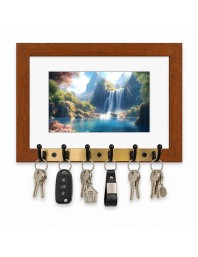 Decorative Wooden Photo Frame Key Hanger With Nature Picture, 12 X 8 Inch Wall Key Holder, 10 X 6 Inch Glossy Photo Frame, 6 Metal Hooks, Home Entrance Decor, Made In India (F38832)