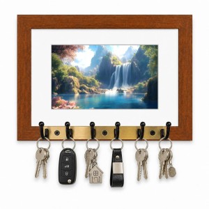 Decorative Wooden Photo Frame Key Hanger With Nature Picture, 12 X 8 Inch Wall Key Holder, 10 X 6 Inch Glossy Photo Frame, 6 Metal Hooks, Home Entrance Decor, Made In India (F38832)