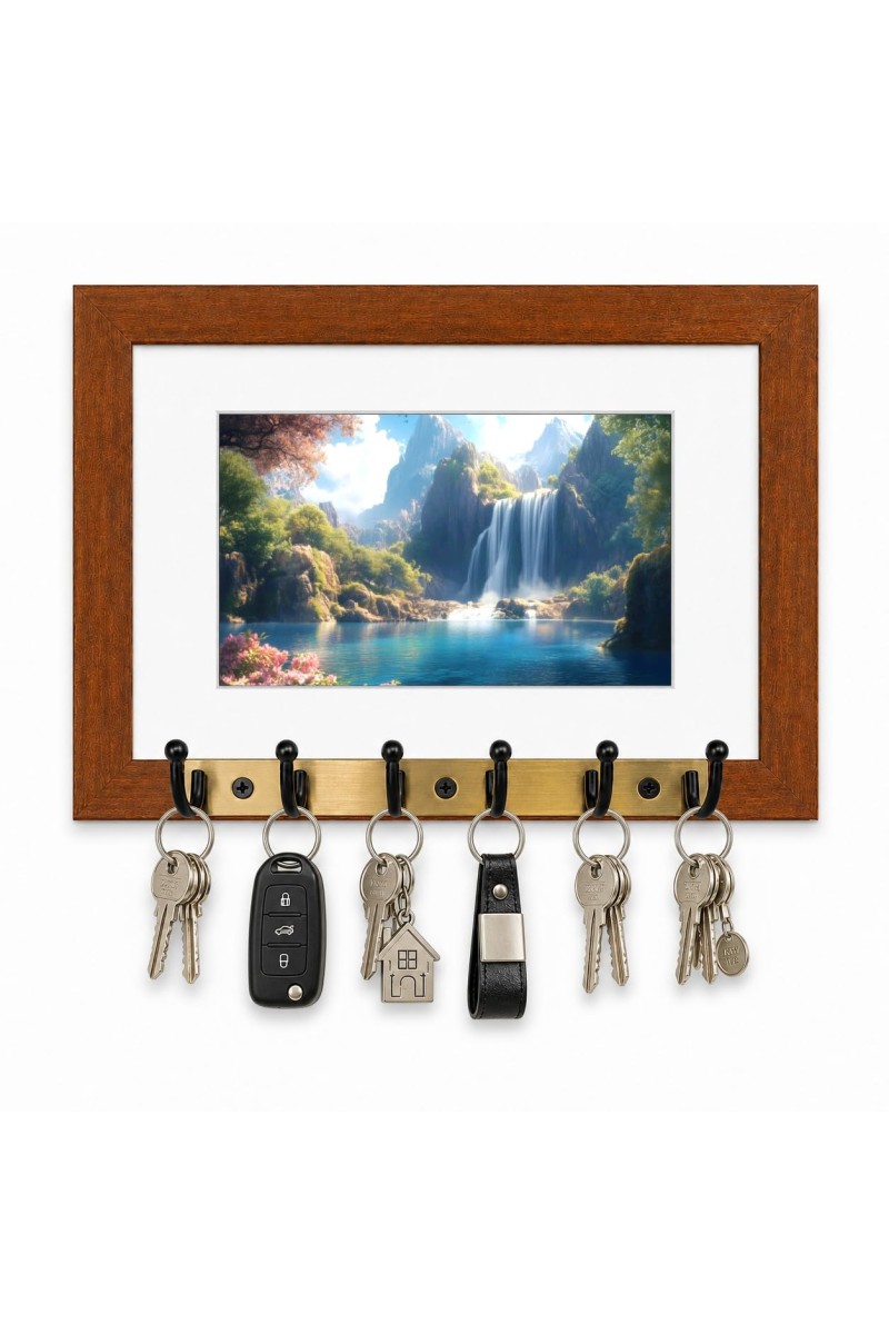 Decorative Wooden Photo Frame Key Hanger With Nature Picture, 12 X 8 Inch Wall Key Holder, 10 X 6 Inch Glossy Photo Frame, 6 Metal Hooks, Home Entrance Decor, Made In India (F38832)